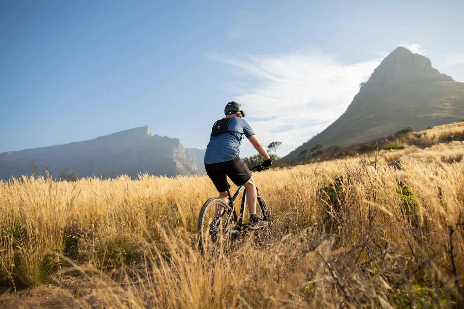 Mountain biker riding through tall grass below a mountain peak