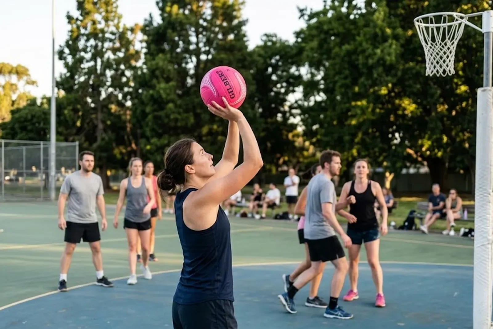 Woman lining up a shot at goal during a social netball game outdoors
